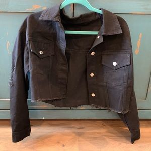 Shein Cropped Black Denim Jacket Size S Distressed